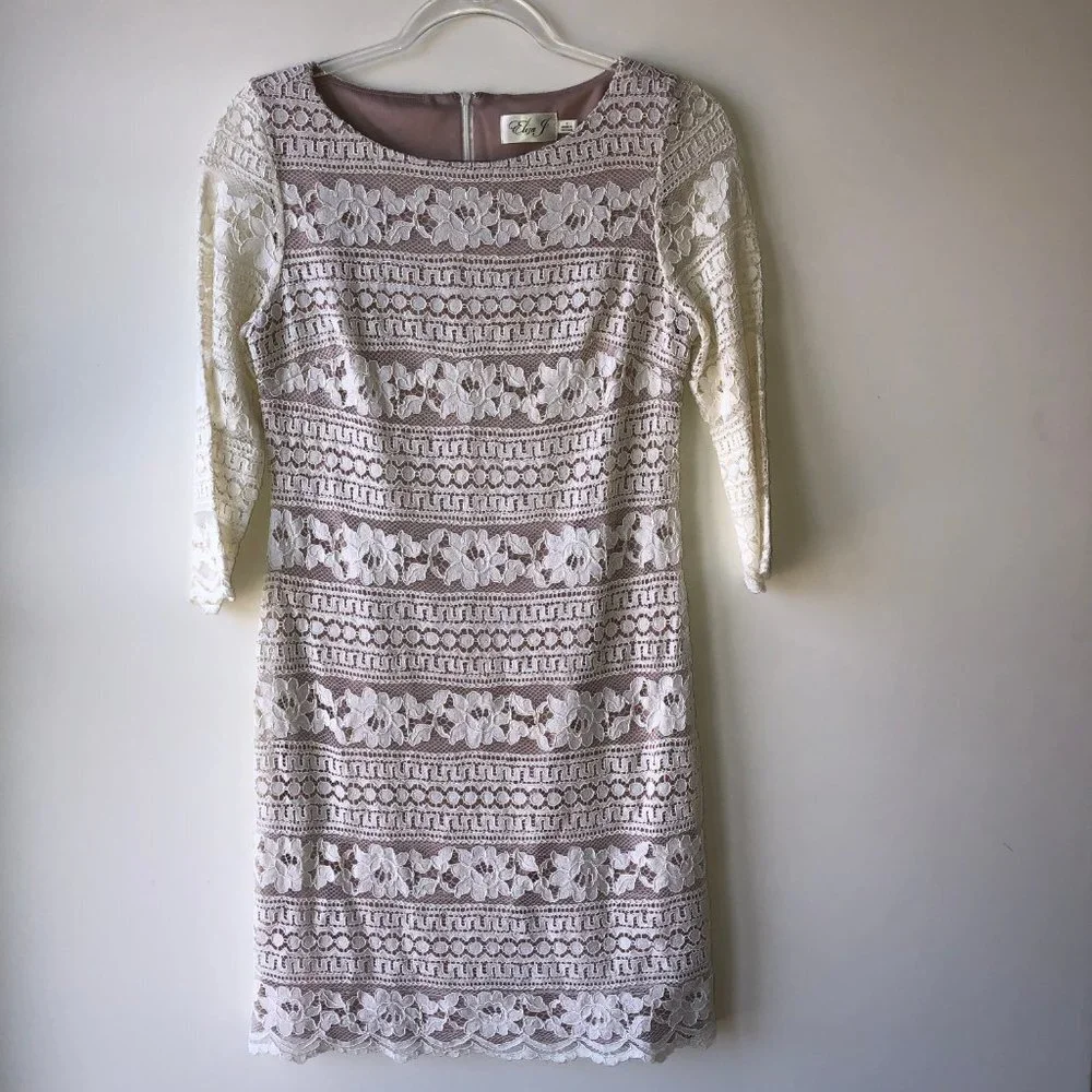 Eliza J Cream Lace Overlay 3/4 Sleeve Midi Shift Dress Size 6 - Picture 1 of 8